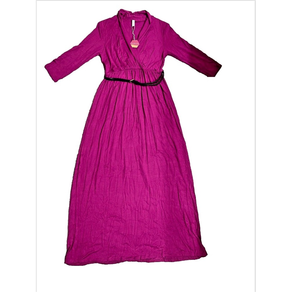 NWT PinkBlush Women's Magenta Maxi‎ Dress Size Medium Long Sleeve V-Neck Belted